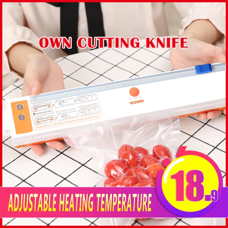 

WOMSI Own Cutting Knif 220V/110V Household Food Vacuum Sealer Packaging Machine Film Sealer Vacuum Packer 15Pcs bags free