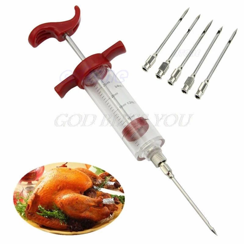 Barbecue BBQ + 5 Needle Tools Set Grill Syringe Kitchen Accessories Sauce Injector Roast Needle Party Decoration Home Decor