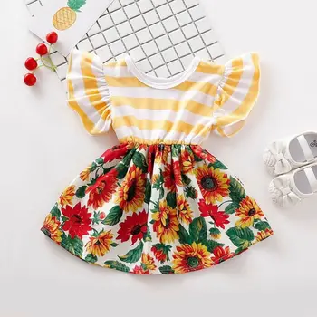 

2019 Infant Kids Baby Girl Patchwork Dress Summer Girl Stripe Sunflower Sundress Baby Girl Flare Sleeve Mini Dress Pageant 0-4Y