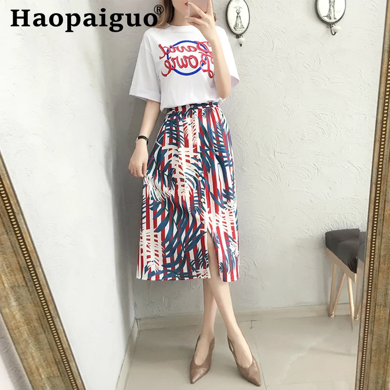 

Big Size Streetwear Ladies Modis Two Piece Set Print Letter White T Shirt and Printed Leave Wrap Skirt Women Casual 2 Piece Set