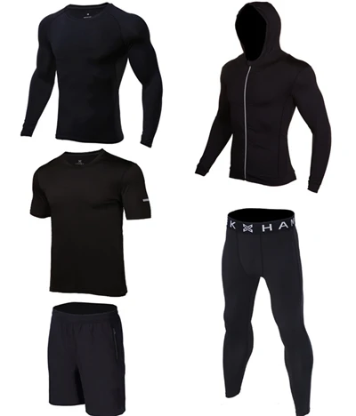 Новые мужские наборы для тренировок, быстросохнущие спортивные костюмы для бега, милый костюм для йоги, одежда для фитнеса, спортивные баскетбольные наборы - Цвет: 5pcs set black
