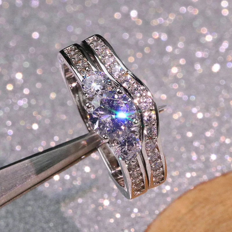 

Crystal Female Zircon Wedding Ring Set Fashion 925 Silver White Bridal Ring Jewelry Promise Love Engagement Rings For Women