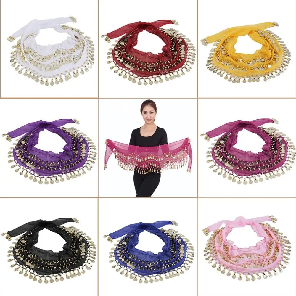 Belly Dance Chiffon Hip Skirt Scarf Wrap Belt Costume with 3 Rows Gold Coins US