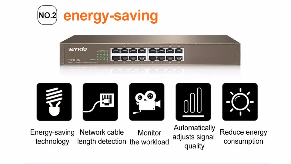 Tenda TEF1016D 16 port 10/100M быстрый сетевой коммутатор, 3,2 Гбит/с, Auto MDI/MDI-X, полудуплексный, 6кВ молниезащита
