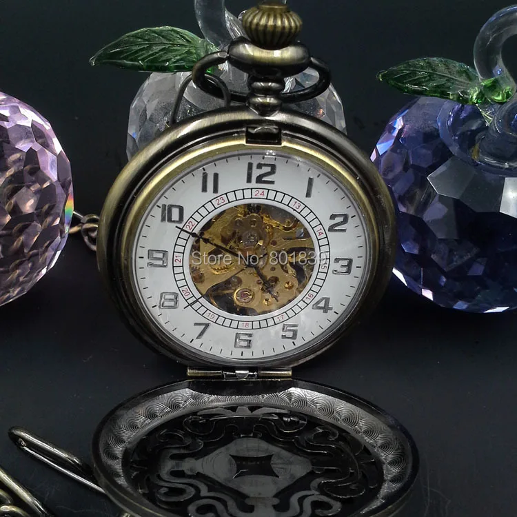 Elegant Wind Up Mechanical Skeleton Mens Pocket Watch Arabic Number