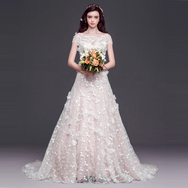

2016 A line Bateau Short Sleeve Appliques Bridal Dress vestido de noiva princesa Cheap Lace Wedding Dresses With Lace Up Back