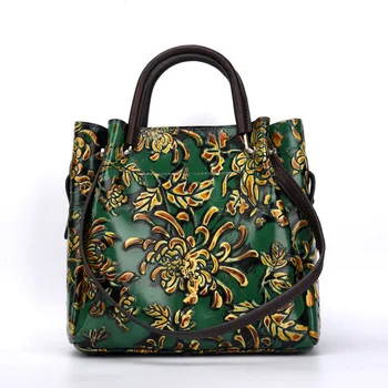

Brand Designer Original Design Handmade Genuine Cow Leather Women's Handbags Leaf Prints Vintage Totes Crossbody messenger bags
