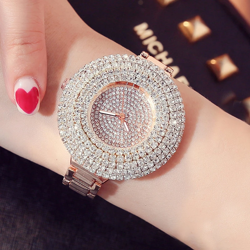 Luxury Top Brand Rose Gold Quartz Womens Watch Bling Bling Full Crystal Dial Stainless Steel Bracelet Dress Ladies Wristwatches