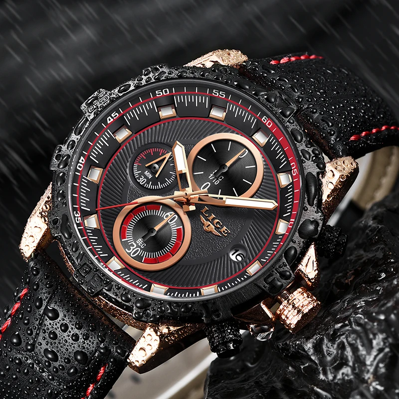 Nouvelle Marque De Luxe LIGE Hommes Montres режим Etanche кожаный кварцевые военный Chronographe спортивные
