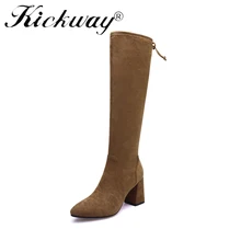 Kickway/; сапоги до колена; зимняя женская обувь; элегантные сапоги; Модные женские высокие сапоги на высоком квадратном каблуке на молнии; размеры 34-43