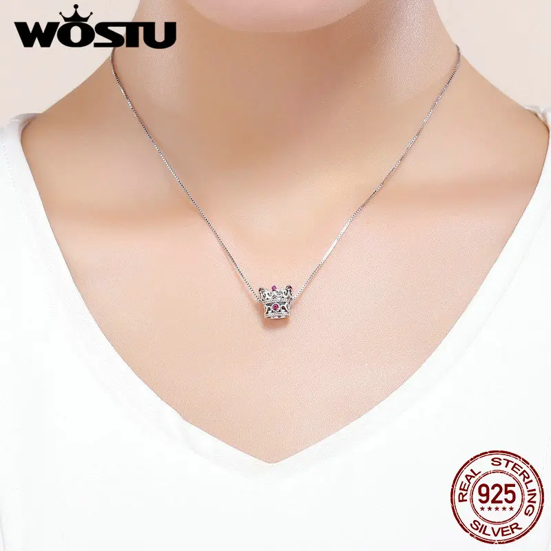 WOSTU 100% Стерлинговое Серебро 925 пробы корона королевы розовый CZ бисер амулеты