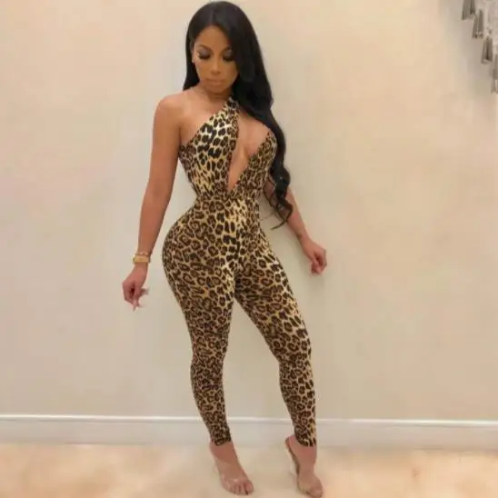 

Leopard Printed Sexy Party Jumpsuit 2018 Women One Shoulder Sleeveless Bodycon Romper Hollow Backless One Piece Overall AE183