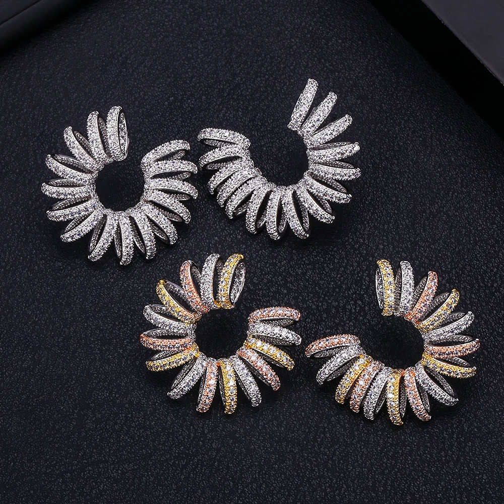 

janekelly NEW Trendy Luxury C Shape Flower Stud Earrings For Women Wedding Cubic Zircon CZ Bridal Earrings Bohemia Hot
