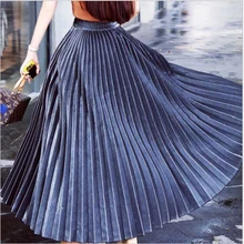 Модные Ретро женские длинные юбки с высокой талией Металлические цвета печатные винтажные плиссированные юбки женские трапециевидные юбки длиной до пола