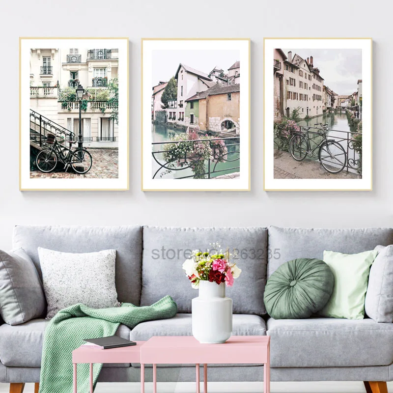 British Architecture Nordic Poster River Wall Art Canvas Painting Bicycle Prints Town Wall Pictures For Living Room Unframed