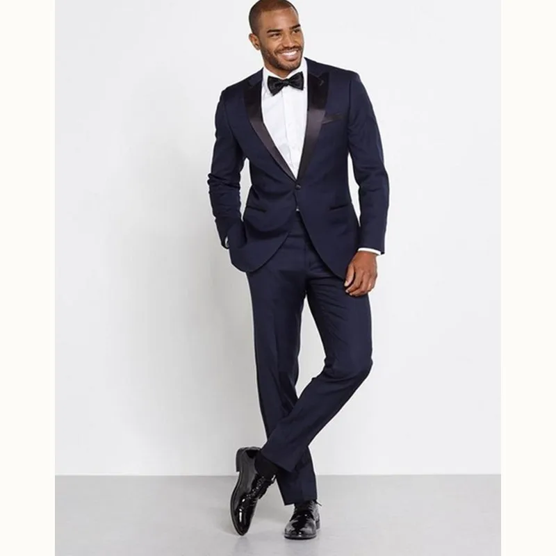 Gwenhwyfar Peak Lapel Navy Blue Groom Tuxedos Gentlemen Style Men Suits