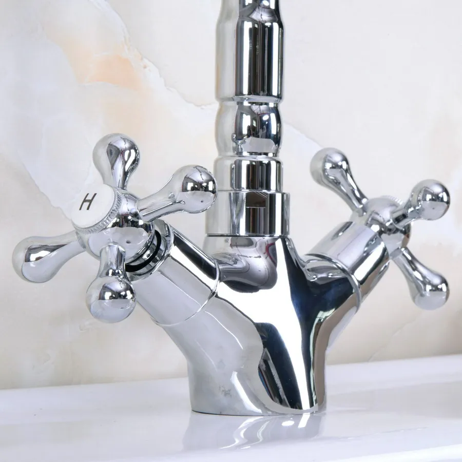 Deck Mounted Polished Chrome Brass Swivel Spout Double Cross Handles Kitchen/Bar Bathroom Sink Faucet Hot&Cold Mixer Tap anf919
