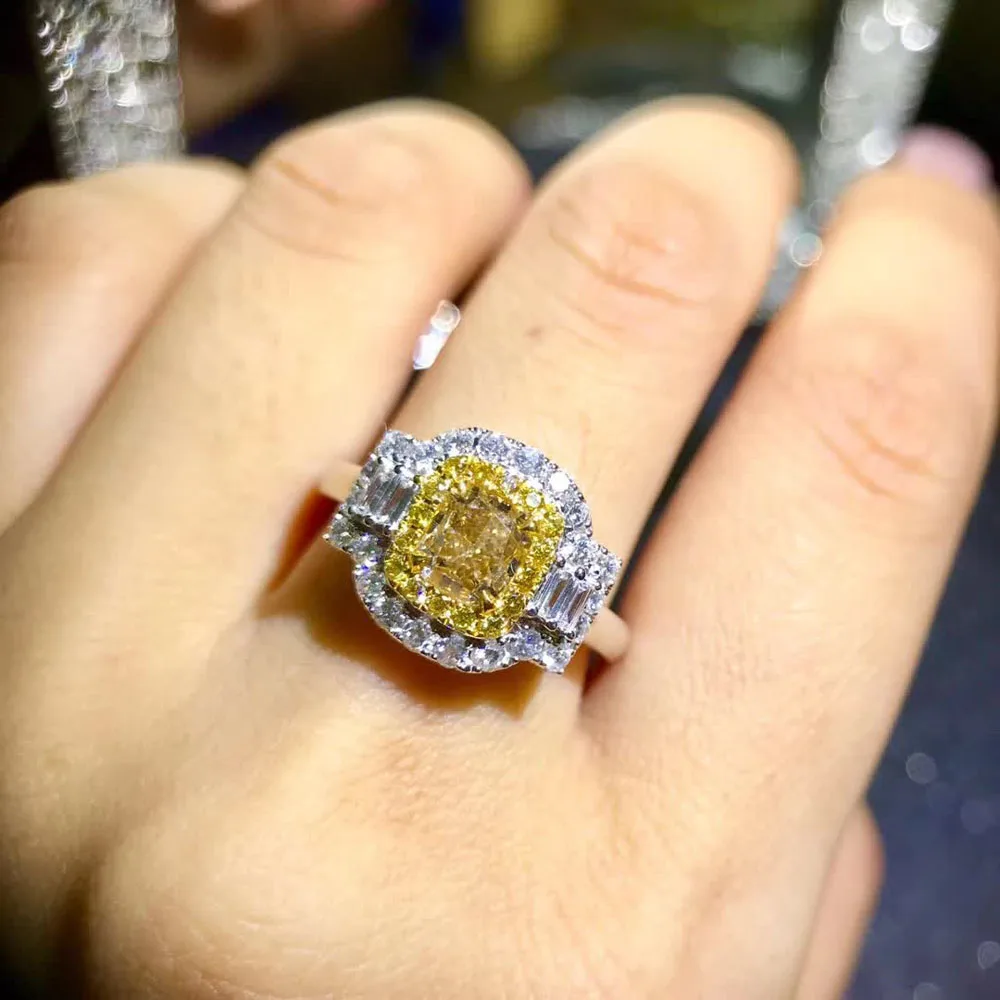 wedding engagement ring classic luxury square 18k gold diamond jewelry certificated natural Yellow diamond ring women