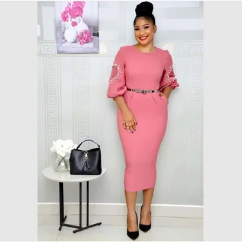 

Nigerian African Dresses for Women Plus Size Summer Solid Mesh Pearl Puff Sleeve Belt Elegant OL Office Rich Pencil Dress Lady