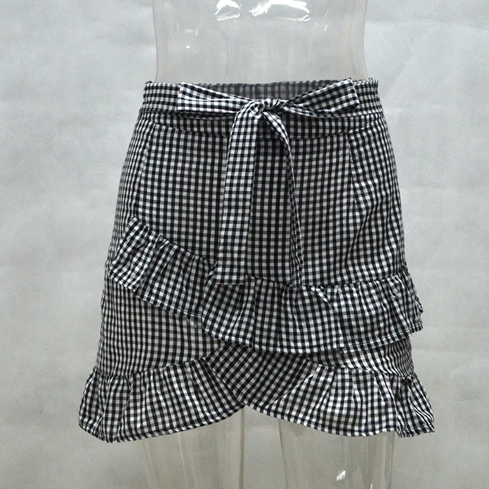 Черно-белая клетчатая юбка, женские сексуальные короткие юбки, высокая талия, шнуровка, многослойная плиссированная мини-юбка трапециевидной формы, асимметричная юбка, jupe femme