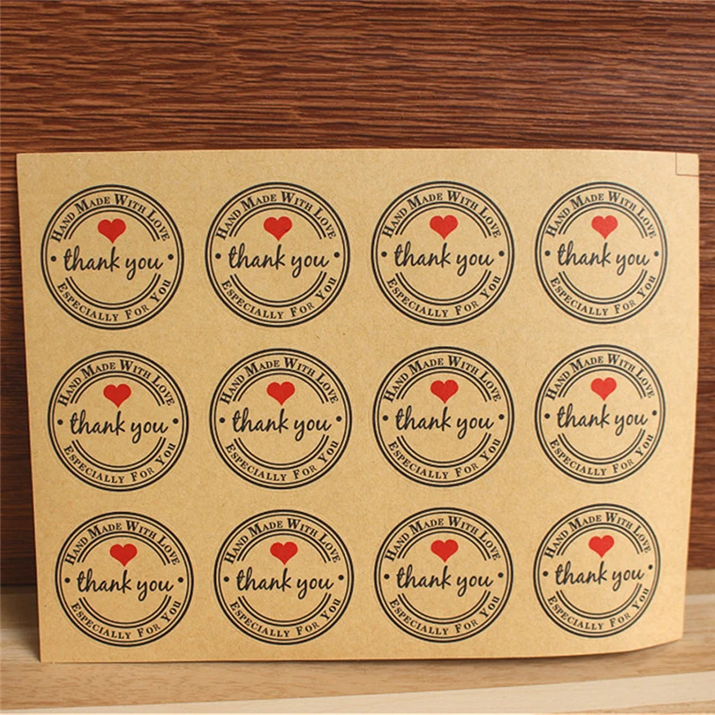 

12/60/120PCS Thank You Red Custom Round Labels Paper Bag Kraft Stickers Love Self-adhesive Stickers Garment Labels For Party