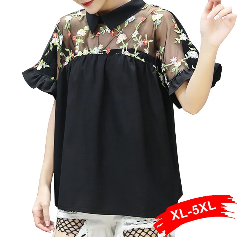 

Flower Embroidered Mesh Black Blouse 4XL 5XL Bow Back Peter Pan Collar Short Sleeve Chiffon Blouses Shirts Femme Casual Blusas