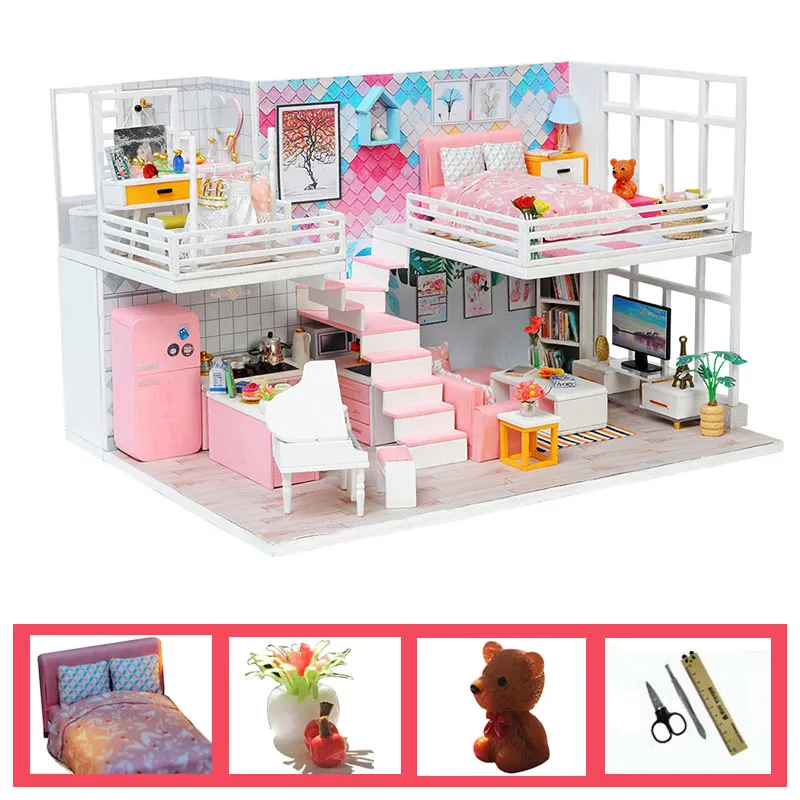 

kids doll house toys wooden kitchen bed led light miniature model furniture diy dollhouse kit baby doll oyuncak bebek evi