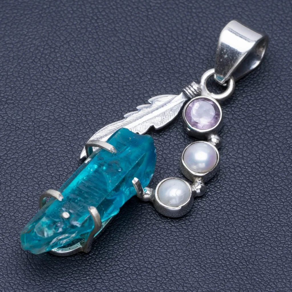 

Natural Blue Aura Quartz,River Pearl&Amethyst Punk Style 925 Sterling Silver Pendant 2" Q0967