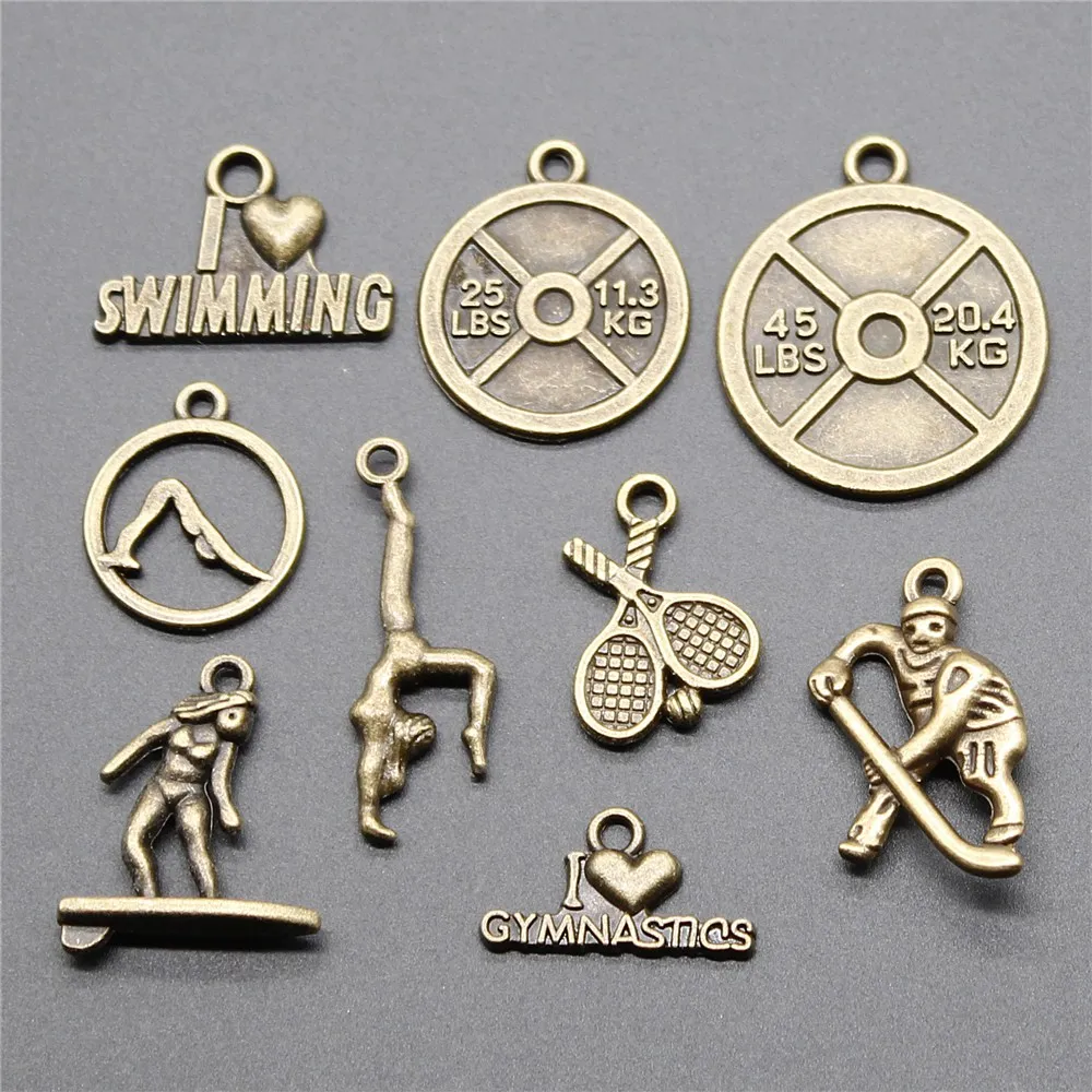 

10pcs Sports Weightlifting Gymnastics Swimming Surfing Pendant Charm Antique Bronze Color Charm Jewelry Findings