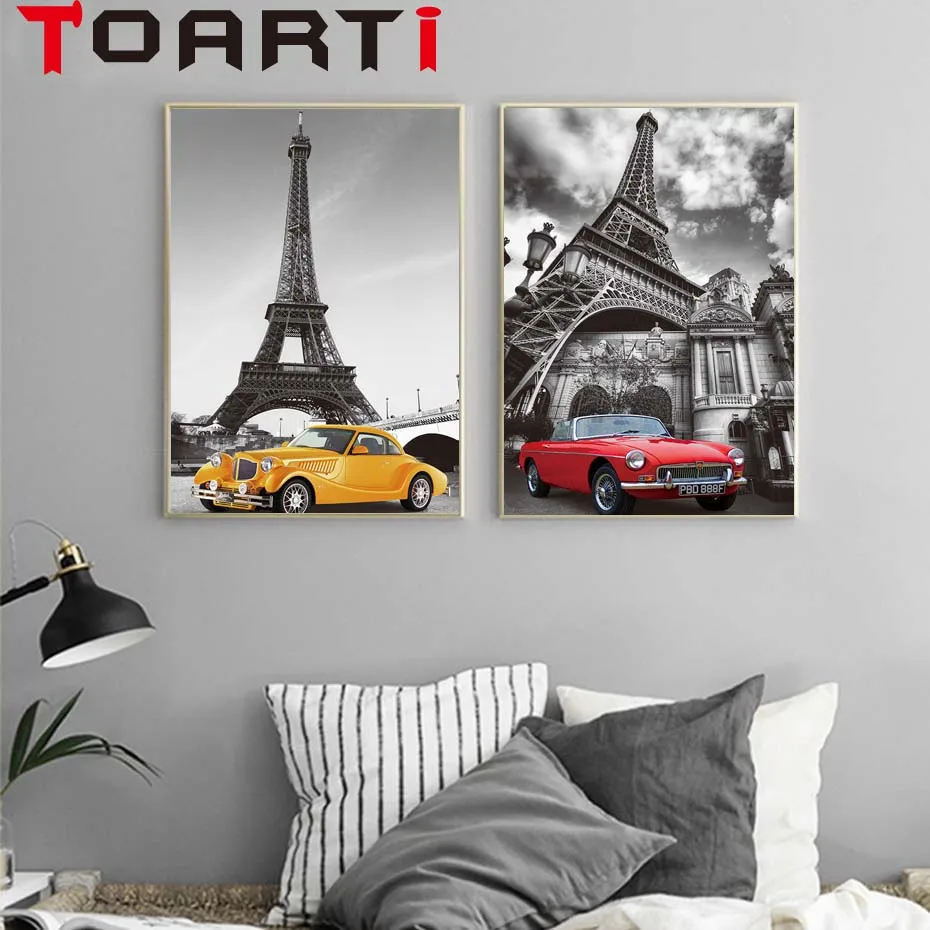 Cars In Paris City Theme Wall Art Realistic Scenery Pictures Canvas Painting Vintage Posters&Prints Living Room Decoration Mural (4)