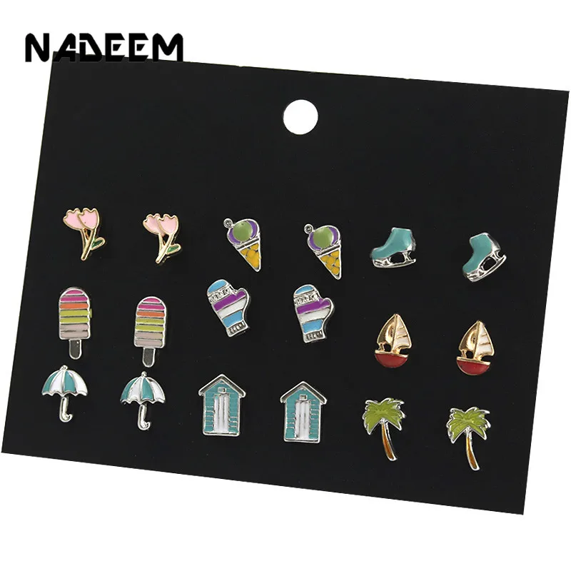 

Women Small Enamal Flowers,Ice Cream,House,Tree,Glove,Umbrella 9 Pair/Sets Cute Kids Stud Earrings Sets Children brincos Jewelry