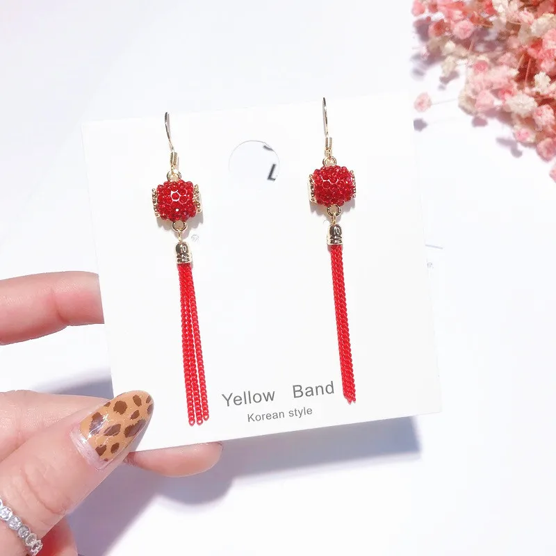 Red Lantern Chinese Knot Long Earrings Retro Chinese Style Festive Tassel Earrings New Year Women Fashion Jewelry Accessories