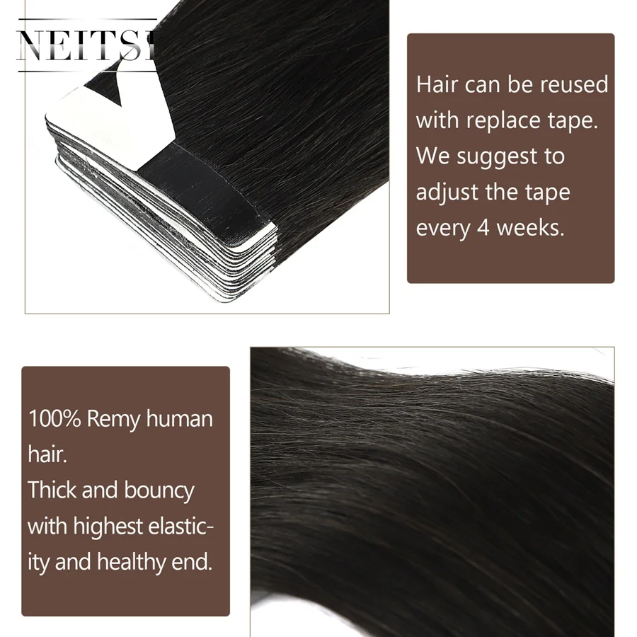 Роскошные накладные человеческие волосы Neitsi Remy на клейкой ленте, накладные волосы с двойным нарисованным клеем, прямые волосы для уток кожи 20 дюймов 2,5 г/шт