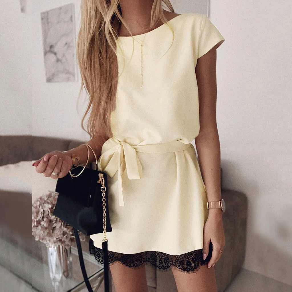 

Sexy Women Summer O Neck Lace Patchwork Short Sleeve Dress Female Casual Hot Sale European Style Loose Streetwear Dress
