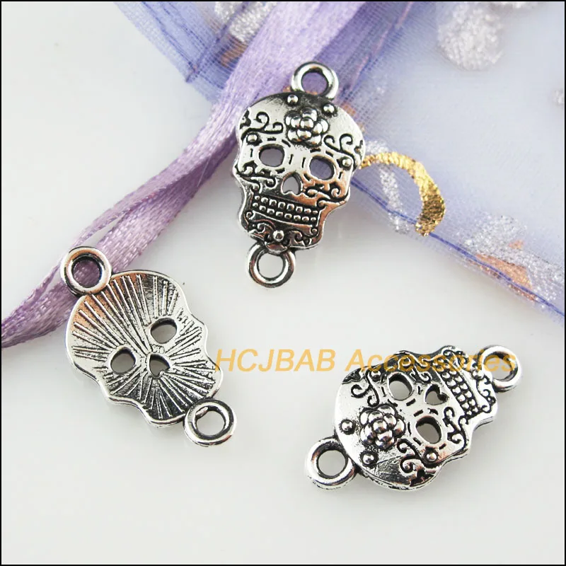 티베트 실버 컬러 꽃 해골 참 펜던트 커넥터, 12.5x23mm, 18 개