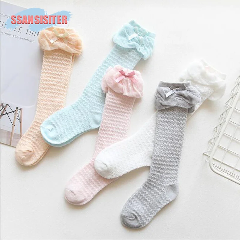 Newborn Baby Girls Stockings Solid Bow Thin Mesh Long Sock Breathable
