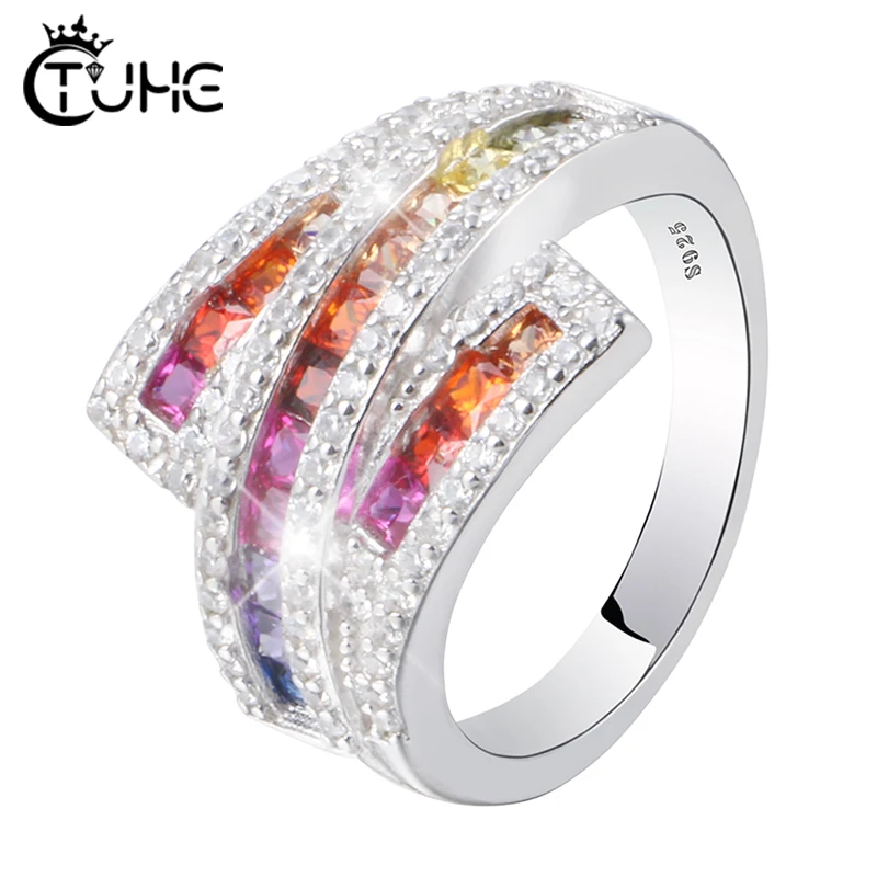 Bueasy Fashion Double Layer Opening Adjustable Rings with Cubic Zirconia for Women Girls Gift