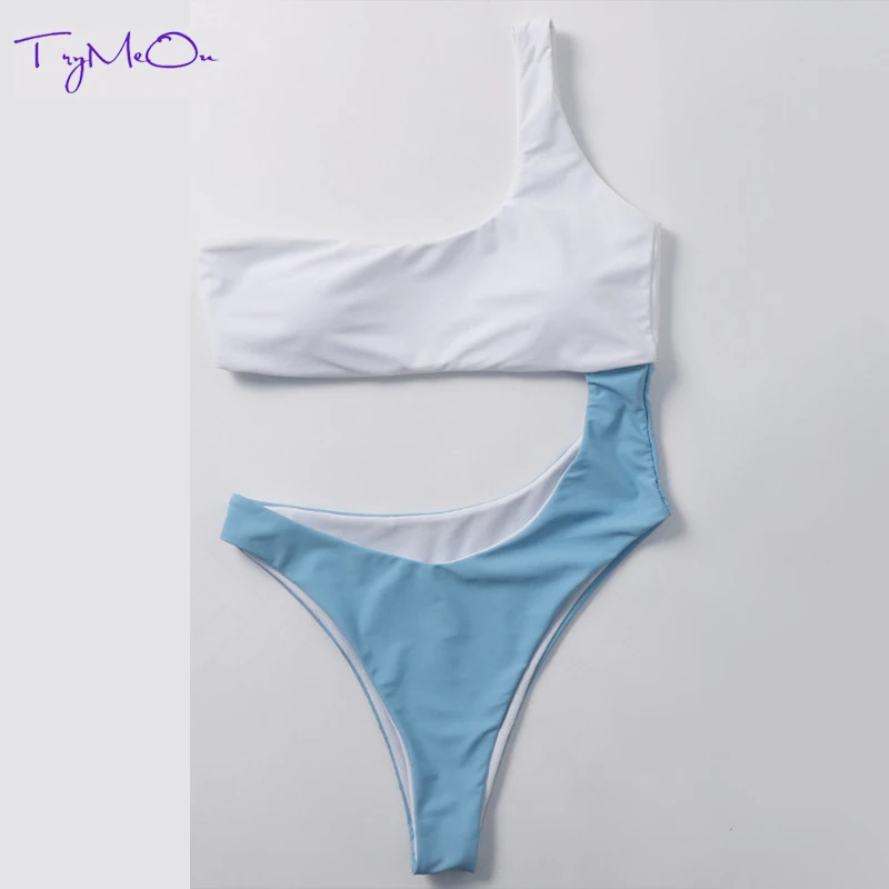 

TryMeOn One Shoulder Patchwork Push-Up Padded Swimwear Women Biquini One Piece Swimsuit Sexy Bikini Set Monokini Sets