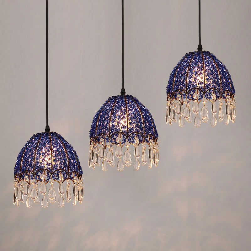 

Modern Blue Crystal Pendant Lamps Lighting Fixtures 1/3 Lights Bohemian Style Iron Restaurant Living Room Suspension Light PL656
