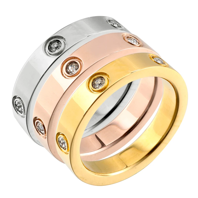 Трендовые кольца из нержавеющей стали цвета розового золота для мужчин и женщин, инкрустированное CZ кристаллом кольцо разных размеров, роскошные брендовые ювелирные изделия, свадебный подарок