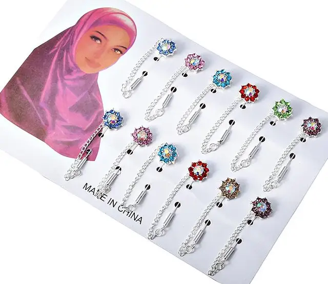 Hijab Pins Brooches Wholesale 12PCS Flower Crystal Muslim For Women