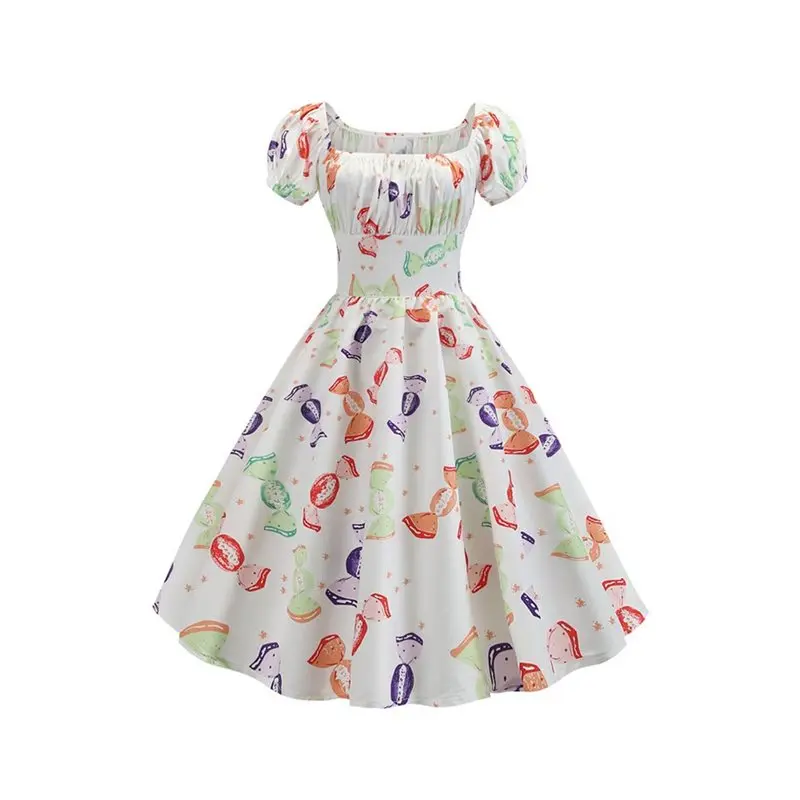 

Summer Vintage Elegant White Sweet Beach Party Women Midi Dresses Casual Plus Size Pleated Print Cotton Retro Female Dress