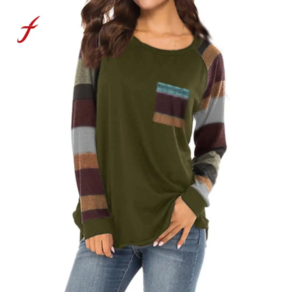 feitong High Quality T Shirt Fashion Women Stripe  Casual Top T Shirt Ladies Loose Long Sleeve Top Women's Clothing T-shirt