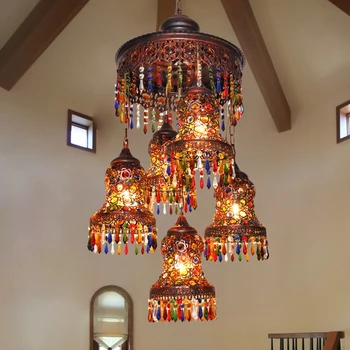 

Bohemia Mediterranean restaurant bedroom lamp retro multicolor bronze wrought iron pendant lamp a218