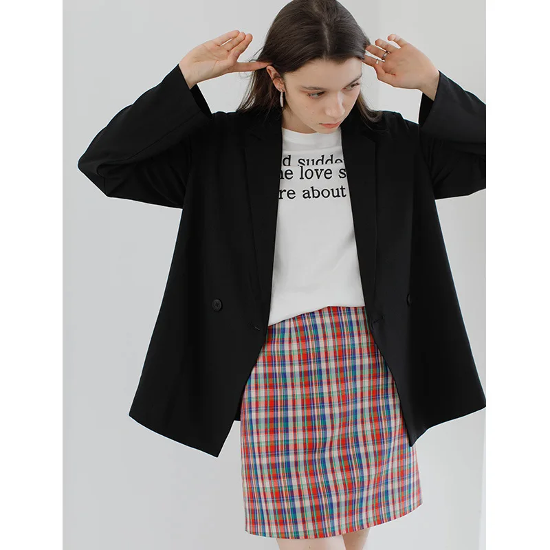 Spring 2019 New Super Red Drop Loose Leisure Small Suit Coat Double Breasted Notched Black Women Jackets and Coats Suit