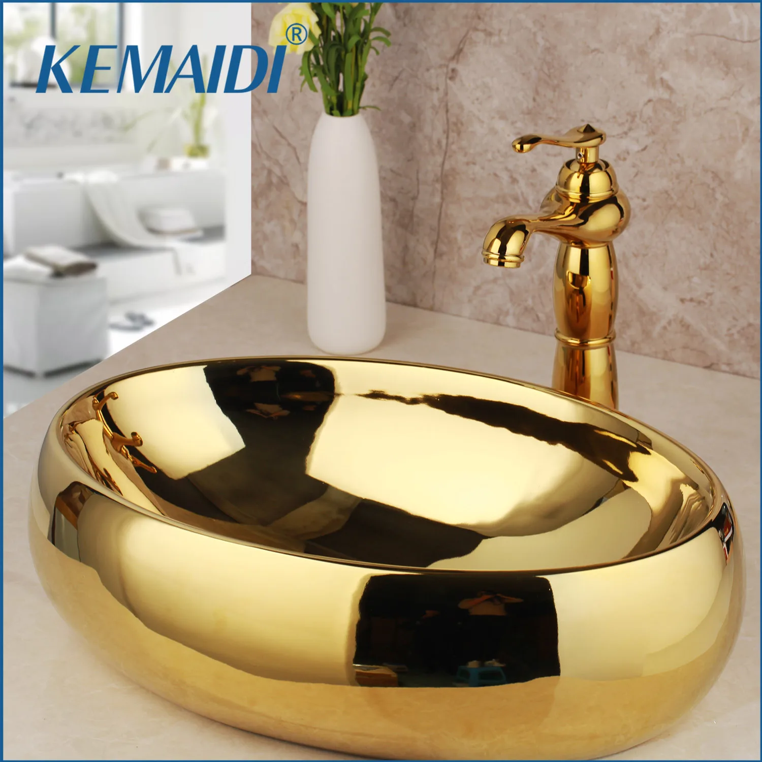KEMAIDI Bathroom Basin Faucets Set Ceramic Basin Sink & Polished Golden