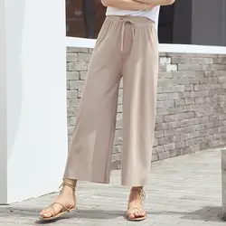 Новинки для женщин Ice Silk вязать Широкие брюки корейский модал Высокая талия ботильоны брюки девочек Женский Одноцветный повседневные штаны
