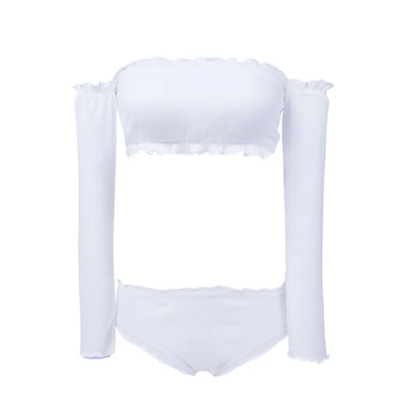 Two-Piece Solid Off Shoulder Long Sleeves Bikini Young Girls Ruffled Low Waist Sexy Swimwear Bikini Beachwear Bathing Suit  (3)