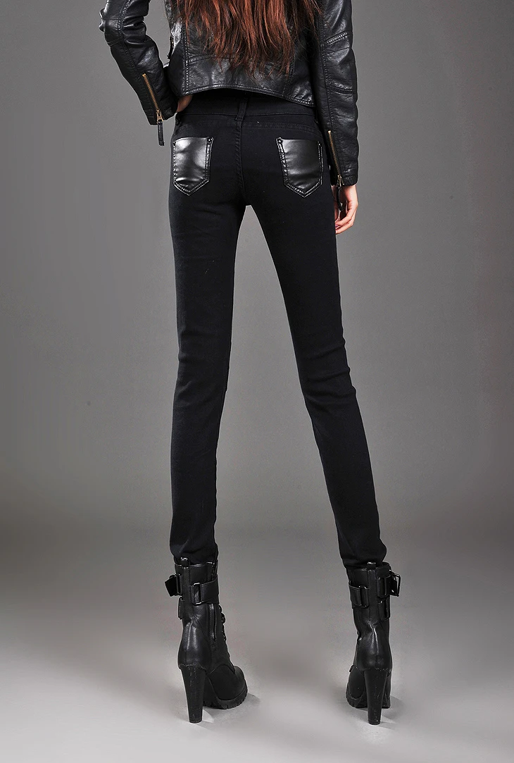 Джинсы женские 2016 модные из искусственной кожи в стиле пэчворк джинсы облегающие