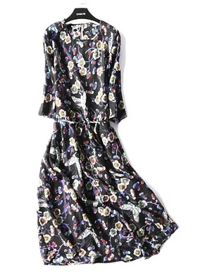 Новое тяжелое шелковое модное современное Полосатое платье-рубашка с длинным рукавом и завязкой на талии